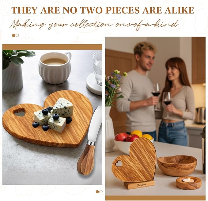 Patelai 1 Set Bridal Baby Shower Favor Heart Cheese Board with Knife, Wood Mini Charcuterie Board Thank You Gift Box for Guest Bridal Baby Shower Prize Wedding Valentines Birthday (Olive Wood)