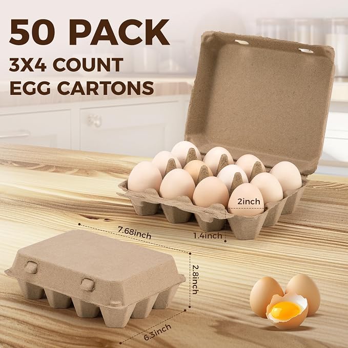 50 Pack Egg Cartons, 3x4 Style Paper Pulp Egg Trays, Sturdy & Reusable Egg Holder 12 Count Dozen Chicken Egg Storage Tray for Farmers, Home Use & Transport
