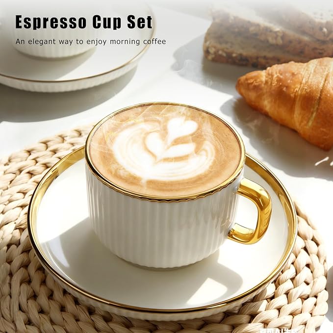 Cappuccino Cups Set of 4, 7oz Espresso Cups Set with Saucers and Sakura Spoons, Gold Trim Ceramic Coffee Tea Cups for Latte, Mocha, Au Lait, Dishwasher & Microwave Safe, Art Deco (Gold Striped/200ml)