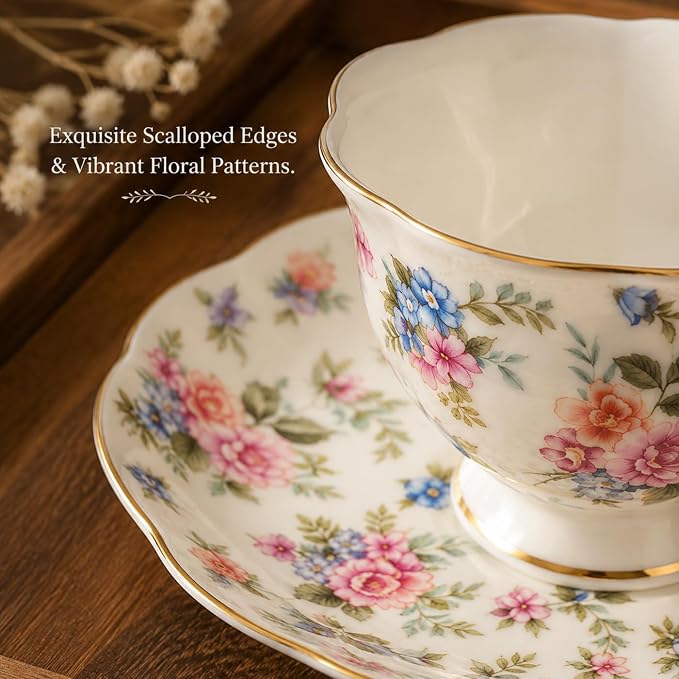 Noviko Floral Tea Cups and Saucers Flower Ceramic Cup for Women and Tea Parties (6 oz, Set of 2)