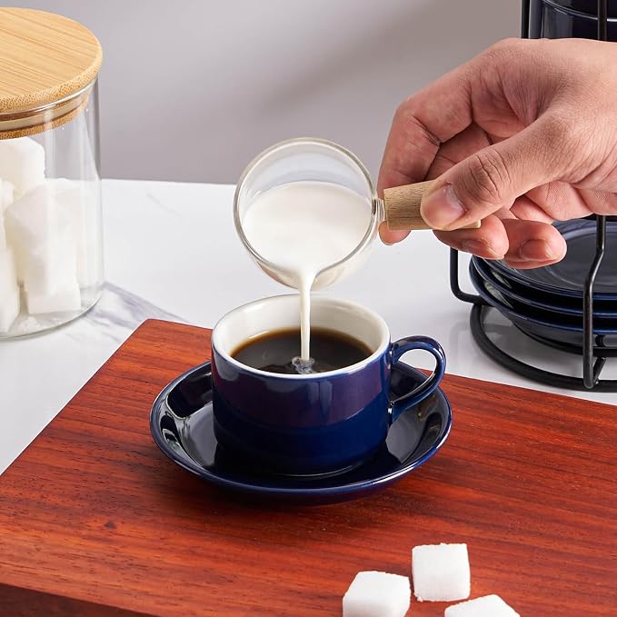2.5oz Espresso Cups Set of 4, Porcelain Stackable Espresso Cups with Saucers and Metal Stand Set, Blue Expresso Shots Cup Set