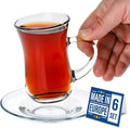 Volarium 4.9 oz (145 cc) Small Turkish Tea Set, 12 Piece Modern Turkish Tea Glasses & Saucers Set, 6 PCs Clear Glass Tea Cups with Handle and 6PCs Glass Saucers