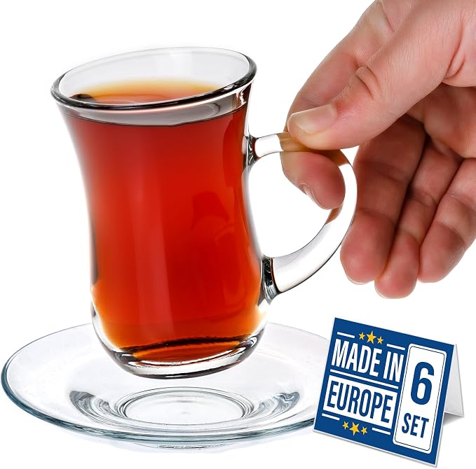 Volarium 4.9 oz (145 cc) Small Turkish Tea Set, 12 Piece Modern Turkish Tea Glasses & Saucers Set, 6 PCs Clear Glass Tea Cups with Handle and 6PCs Glass Saucers