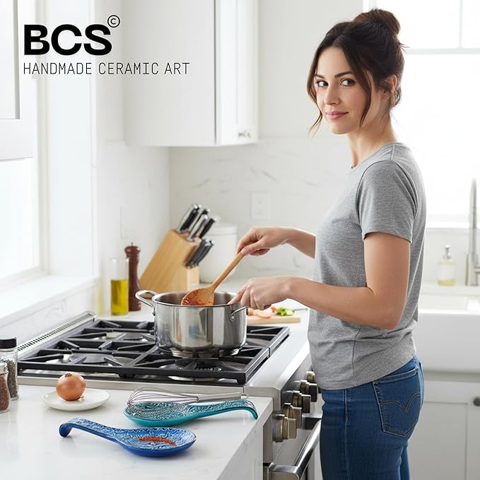 BCS Spoon Rest Set of 2 - Ceramic Spoon Holder for Stovetop & Kitchen Counter - Dishwasher Safe Handmade Kitchen Utensil (Turquoise 4.5" W x 9" L)