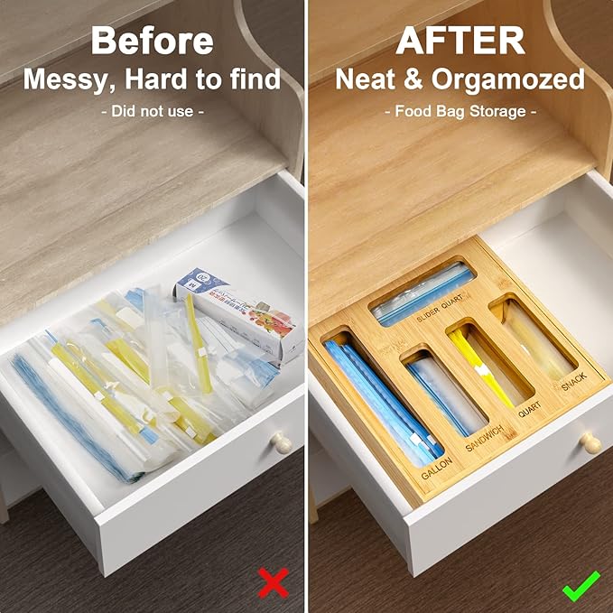 DUJEN Plastic Bag Organizer for Drawer, Bamboo Food Storage Bags Container Organizer with Slider, Baggie Bags Storage for Drawer Compatible with Gallon, Sandwich Variety Size Bags