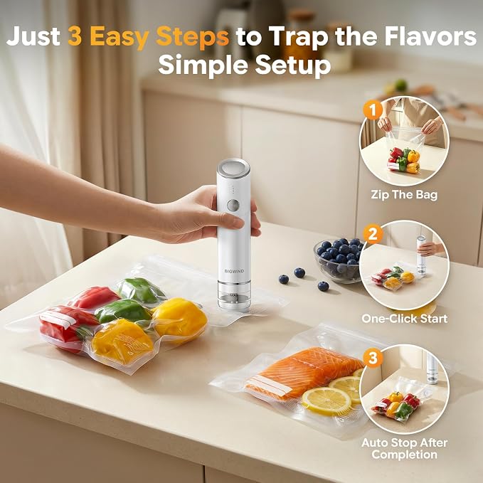 Compact Vacuum Sealer for Food (Vacuum Sealer Machine + 45 Reusable Vacuum Bags) Powerful Portable Vacuum Sealer with Detachable Visible Reservoir, Handheld Food Vacuum Sealer for Travel & Kitchen