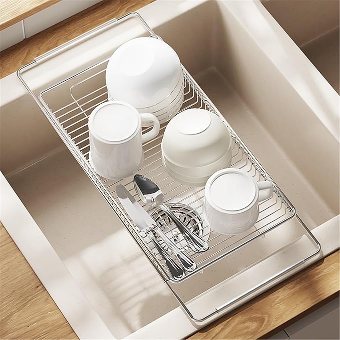 Expandable Dish Drying Rack Stainless Steel, Dish Drainer Over the Kitchen Sink, Dish Rack Vegetables and Fruits Strainer(Large)