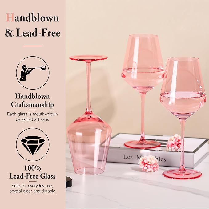 Pink Wine Glasses Set of 6, Handblown Colored Wine Glasse,Pink Coloful Glassware,17OZ for Red or White Wine,Wedding Gift, Anniversary, Christmas, Mothers Day Gifts,Gifts for My Wife
