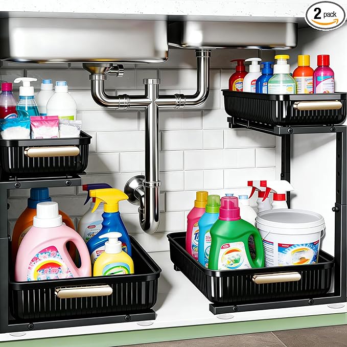 ARSTPEOE Under Sink Organizer - 2 Packs Multi-Purpose Pull-Out Storage Organizers, Slide out Pull out Metal Cabinet Organizer Shelf, Storage for Kitchen Bathroom, Black