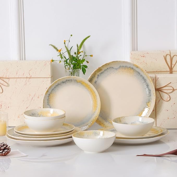 DOMICREVERY Ceramic Dinnerware Sets for 4, 12 pcs Scratch Resistant Dish Set, Lemon Sea