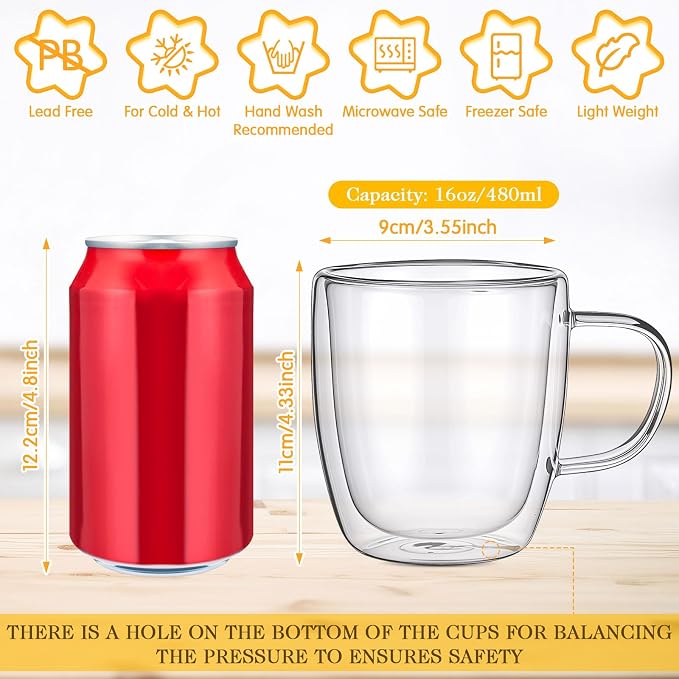 Patelai Glass Coffee Mugs Set of 4, 16 oz Clear Double Walled Coffee Cups Glasses Insulated Latte Mugs with Handle Espresso Clear Cups for Hot and Cold Beverages