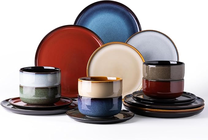 LeRatio Ceramic Dinnerware Sets for 6,Porcelain Plates and Bowls Sets,Handmade Reactive Glaze Dishes Set,Chip Resistant and Scratch Resistant | Oven&Dishwasher & Microwave Safe)-Colorflu(18PCS)