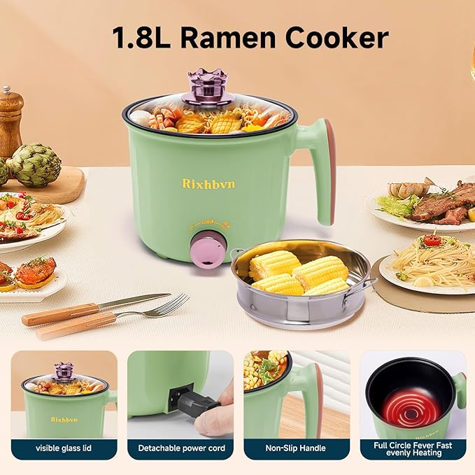 Hot Pot Electric with Steamer, Rapid Noodles Cooker,Non-Stick Electric Pot for Raman, Soup, Noodles, Steak, Oatmeal, Rapid, with Temperature control, (Rotary switch), 1.8L,Green