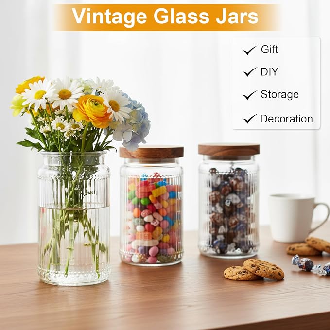 6 Pcs 1000ml/34 oz Vintage Glass Storage Jar Glass Containers with Wood Lid Ribbed Pattern Airtight Kitchen Spice Containers for Pantry, Coffee Bean, Grains, Tea, Sugar, Flour, Candy, Oats