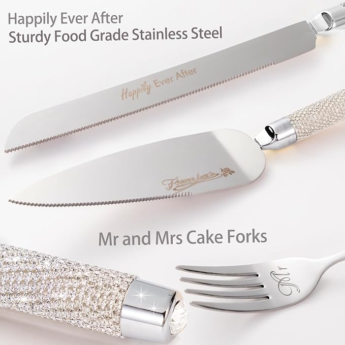 Wedding Cake Knife and Server Set, 6 Pieces Mr and Mrs Champagne Flutes Glasses and Cake Cutting Set for Wedding, Bridal Shower Gifts, Engagement Gifts for Couples