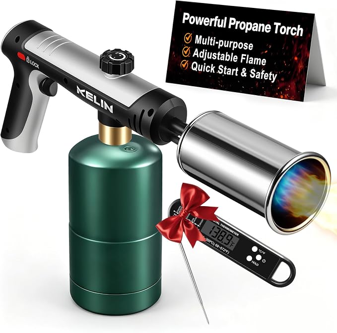 KELIN Propane Torch with One-Touch Max Fire & Kitchen Thermometer for Kitchen Cooking Torch Gun Charcoal Lighter with Safety Lock Flame Thrower for BBQ, Sous Vide, Grill, Campfire (Tank Not Included)