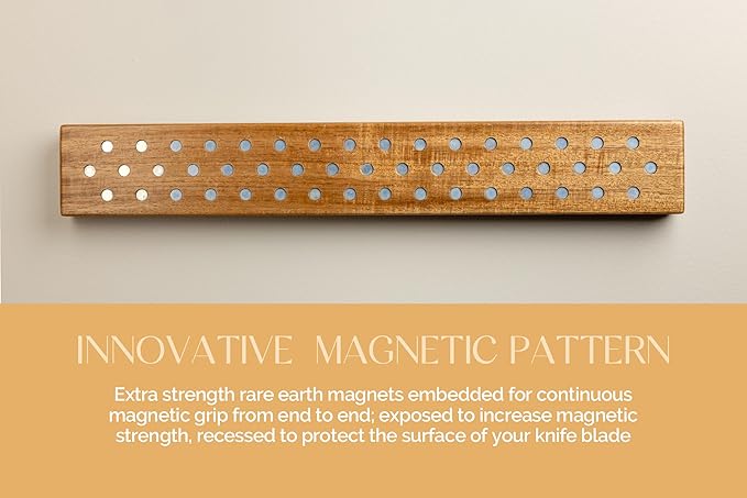Knife Magnetic Strip, 16" Acacia Wood Magnetic Knife Holder for Wall w/Neodymium Magnets, Durable Magnetic Knife Bar w/Installation Essentials, Space-Saving Magnetic Strip for Knives