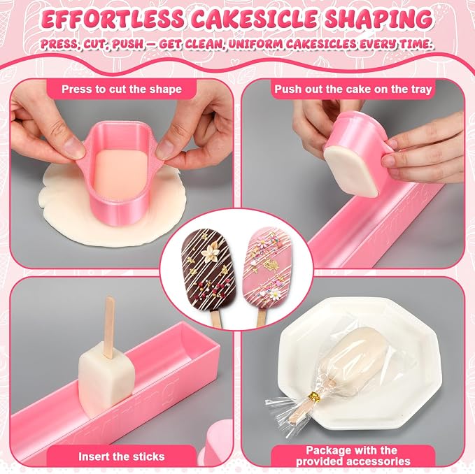 3in Cakesicle Cutter with 9in Tray, Cakesicle Mold Set with 100 Sticks, 100 Bags and 100 Ribbons, Baking Tools for Home Baking, Birthday Parties, Wedding Desserts(Pink,3.6in,Single Slot)