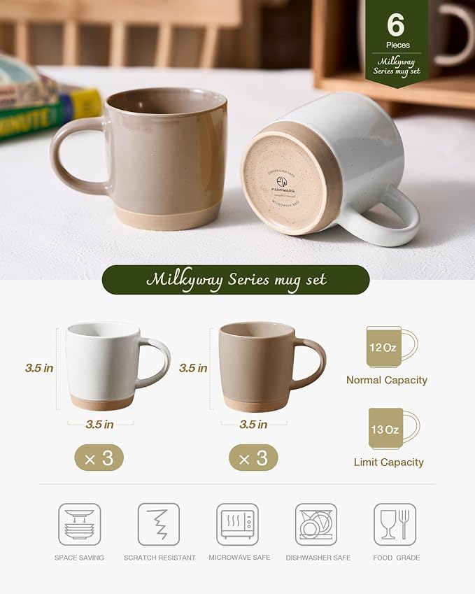 famiware Coffee Mugs for 6, 13 oz Mug Set, Dringking Cup with Handle for Coffee, Tea, Cocoa, Milk, Milkyway Serise, White+Cinnamon Brown