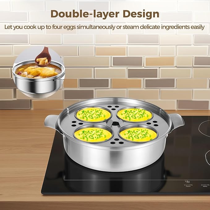 Stainless Steel Egg Poacher Pan - 4-Cup Nonstick Poached Egg Maker with Glass Lid, PFOA Free, Induction Cooktop Compatible for Breakfast Brunch, 8.7×2.6"