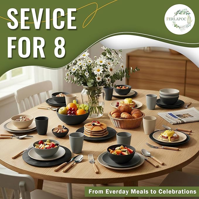 40 PCS Wheat Straw Dinnerware Set | Service for 8 Plastic Dishes Set Unbreakable Plates and Bowls Sets, Drinking Glasses, Dishwasher and Microwave Safe Dish Set for KItchen - Gray Stone