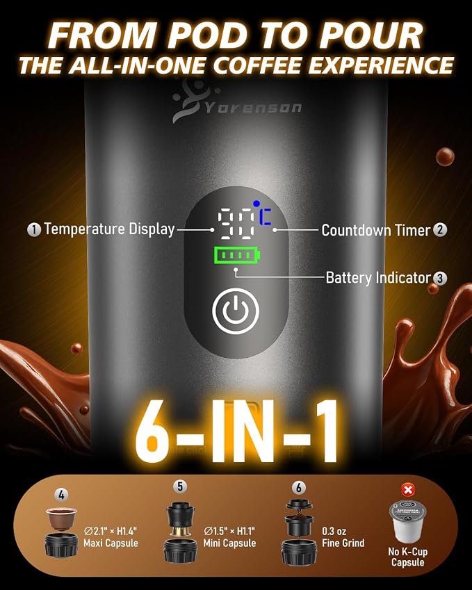 Portable Coffee Maker for Travel,Self-Heating Espresso Machine with USB-C,LED Display,20 Bar,Compatible with Coffee Grounds&Capsules (Ns&DG)–Portable Espresso Maker for Car,RV,Camping,Office