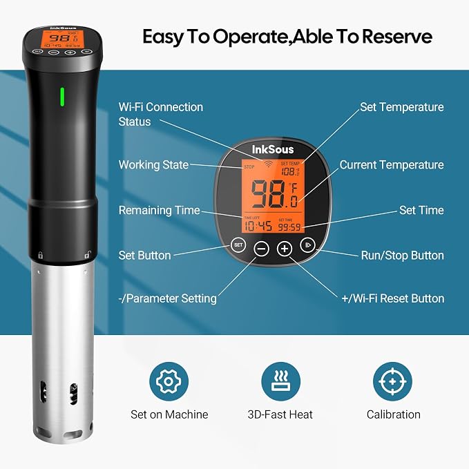 WiFi 2.4G Sous Vide Cooker, 1000W Sous Vide Machine Ultra-Quiet & 3D Fast Heating, App Control, Timer, Precise Calibration & Restaurant Chef-Level Recipes