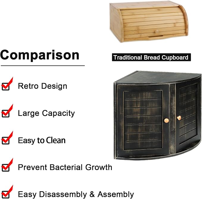 HOMEKOKO Double Layers Bamboo Corner Bread Box for Kitchen Counter, Vintage Wooden Large Capacity Bamboo Bread Food Storage Bin (Vintage Black)