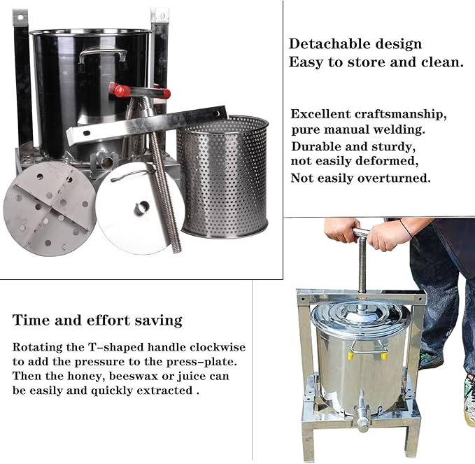 Honey Press Extractor Wax Machine Stainless Steel Honey Press Beeswax Machine Manual Large Bee Honey Presser Fruit Wine Press For Honey Wine Juice Vegetables Olive Oil Making