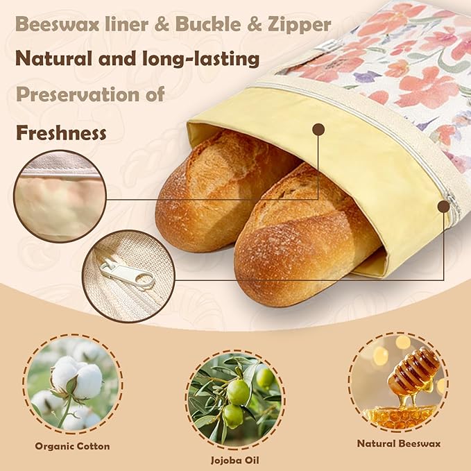 2 Pack Beeswax Bread Bags, Large 17'' x 13'' Reusable Bread Storage Bags with Natural Beeswax Liner, Cotton Cloth Sourdough Bread Bags for Homemade Bread Baking & Food Freezer Storage to Keep Fresh