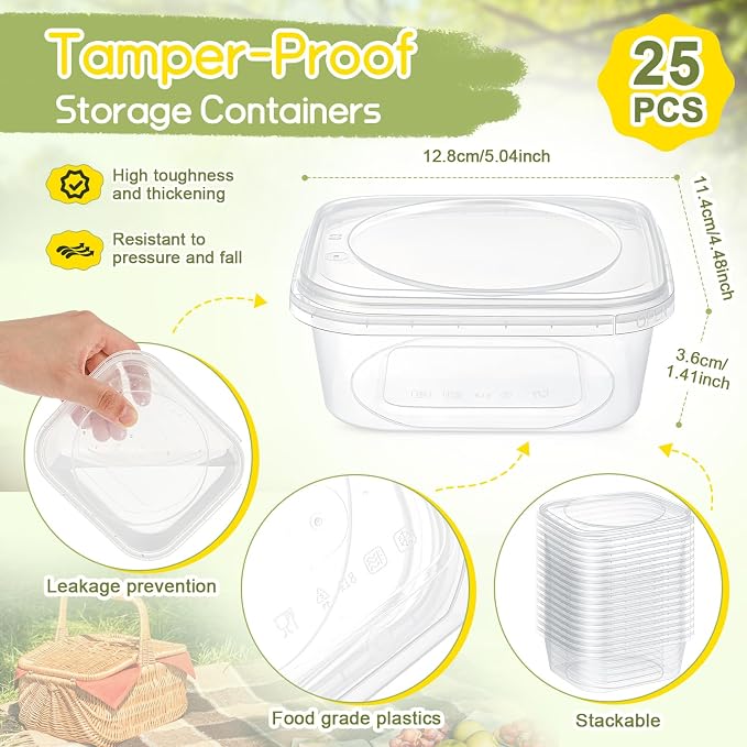 25 Pack 8 oz Deli Containers with Lids, Tamper Proof Leak Resistant Clear Plastic Food Storage Containers, Airtight Meal Prep Container for Soup Salad Tiramisu, Microwave & Dishwasher Safe