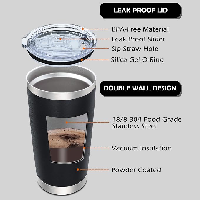 AIANJI 20oz Tumbler Bulk Stainless Steel Tumblers with Lid Vacuum Insulated Double Wall Travel Coffee Mug Powder Coated Tumbler Cup for Hot and Cold Drinks(Black, 6 pack)