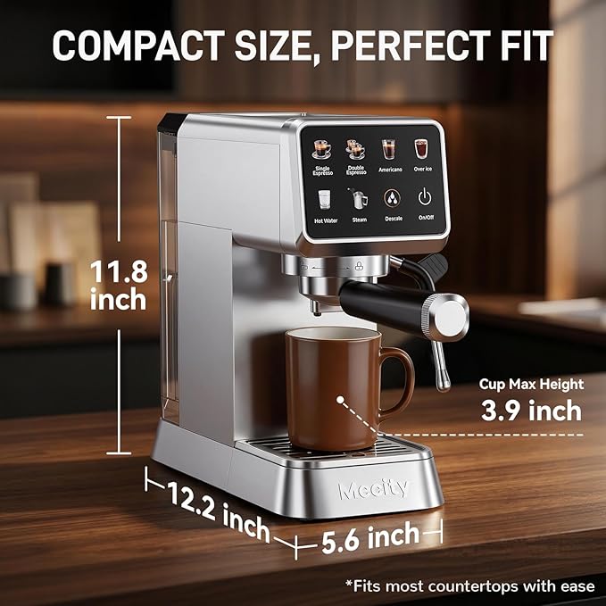 Mecity 20 Bar Espresso Machine with Milk Frother, Touchscreen Coffee Maker for Espresso, Americano & Over Ice Coffee, Compact Stainless Steel Latte & Cappuccino Maker