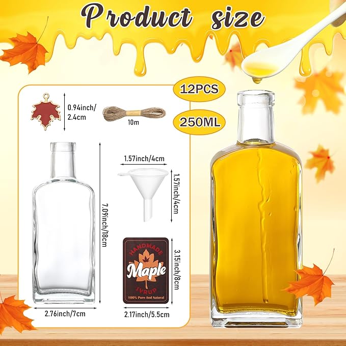 12 Pcs Glass Maple Syrup Bottles Bulk 8 oz Clear Glass Bottle with Cork Lids Reusable Syrup Jars Containers Maple Syrup Sticker for DIY Juice Milk Sauce Storage Gifts(Black,Black Maple Leaves)