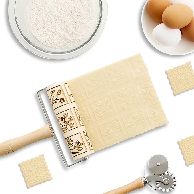 Mrs. Anderson’s Baking Mini Embossing Rolling Pin, Spring Flowers Design, Poplar Wood and Chrome-Plated Iron
