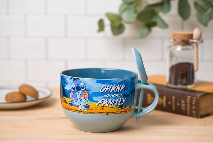 Silver Buffalo Disney Lilo and Stitch Featuring Scrump Ohana Means Family Ceramic Soup Mug Spoon Set, 24 Ounces