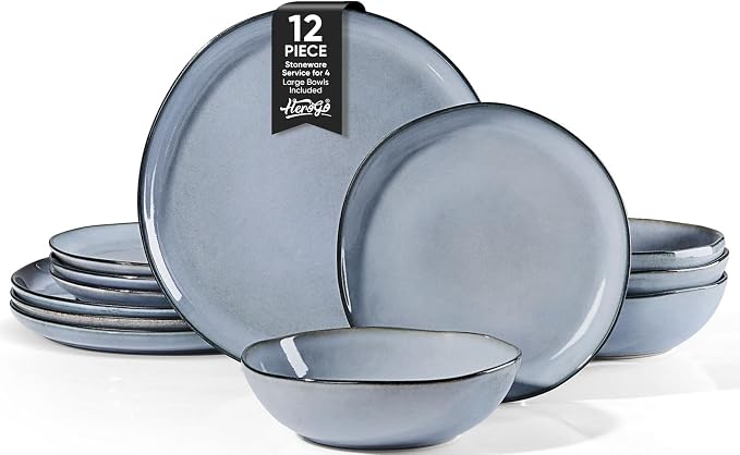 Herogo Plates and Bowls Dinnerware Sets, 12 Piece Stoneware Dinner Dishes Set for 4, Irregular Handmade Dishware Tableware, Crack and Scratch Resistant, Reactive Glaze, Smoky Blue