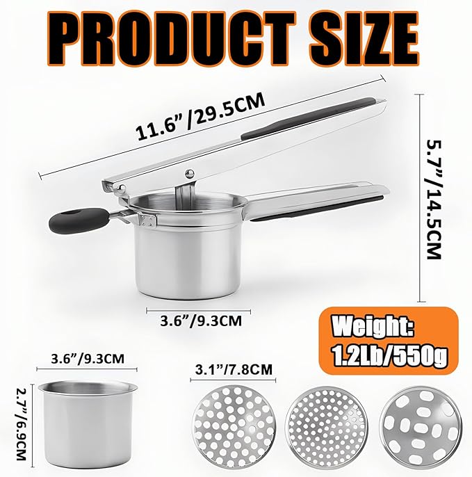 Large 15oz Potato Ricer, Stainless Steel Potato Masher and Ricer Kitchen Tool, Heavy Duty and Durable for Effortless Mashing - with Spoon and Fork Set