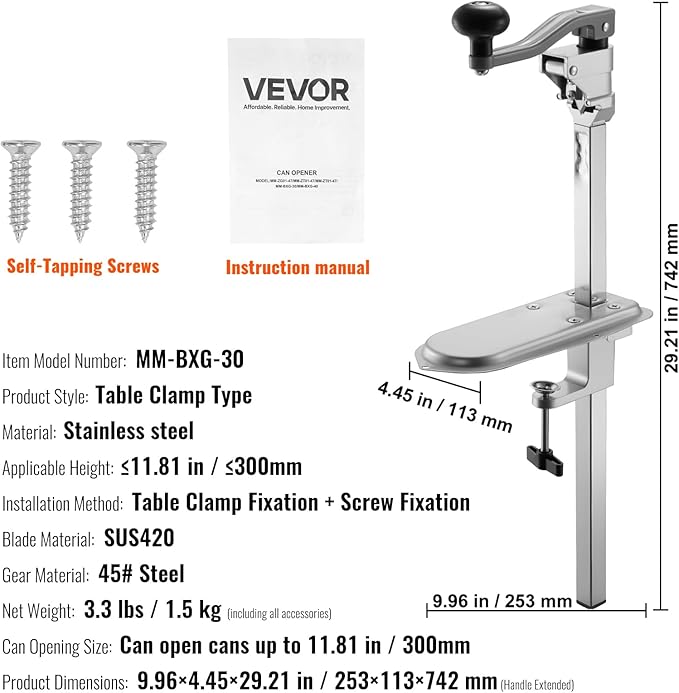 VEVOR Commercial Can Opener, Heavy-Duty Manual Tabletop Cans Opener for Cans Up to 11.8 in Height, Height-Adjustable Can Openers Fixed with Screws & Table Clamp, for Restaurant, Hotel, and Food Store
