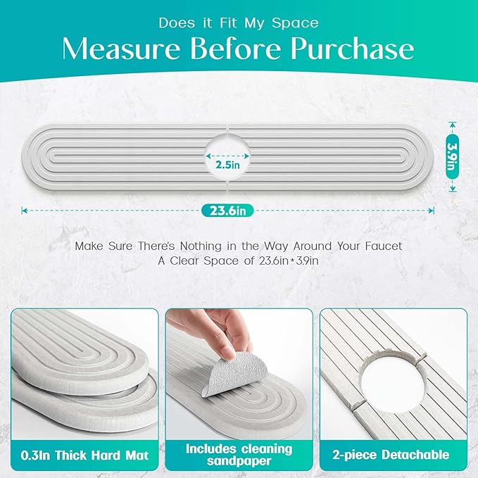 Stone Faucet Mat for Kitchen Sink – Diatomite Fast-Drying Stone Tray, Faucet Mat Sink Splash Guard, Decorative Sink Protector for Kitchen Bathroom Counter (Light Grey, 23.6''x3.9'')