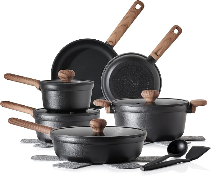 SENSARTE Nonstick Pots and Pans Set 17pcs, Healthy Induction Cookware Set, Kitchen Cooking Set with Skillets & Saucepans, Stay-cool Handles, Dishwasher Safe, PFOA PFOS Free, Matte Black