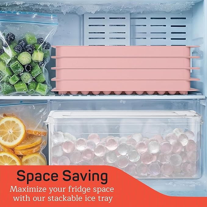 Emporio Kitchen Round Ice Cube Tray Set Pack of 1, BPA-Free Stackable Trays with Lid & Tongs, 104 Ice Balls Per Tray for Whiskey, Drinks, and Cocktails, Quick Release Round Ice Cube Mold, Pink