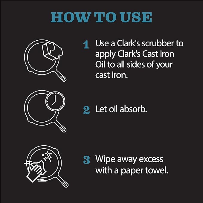 CLARK'S Cast Iron Cleaning Kit with Coconut Oil – Cast Iron Cleaner Set with Seasoning Oil, Soap, Scrub Brush, and Applicator Pad – Restore and Preserve Pan, Skillet, Grill, Dutch Oven, and Wok
