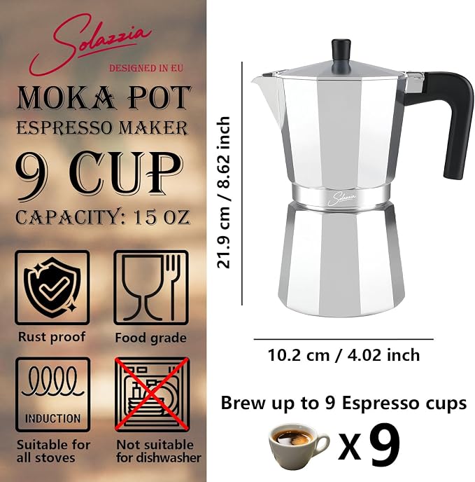 9 Cup Stovetop Espresso Maker Italian Moka Pot, Stove Top Cuban Coffee Maker, Greca Mocha Pot(Basic, 15 oz/450ml)
