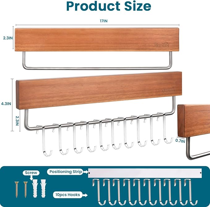 Nerien Magnetic Knife Holder Strip for Wall - 17" Acacia Wood Knife Magnetic Strip with 10pcs Hooks, No Drilling Knives Magnet Block Rack, Magnet Knives Storage Holders for Kitchen Utensil Organizer