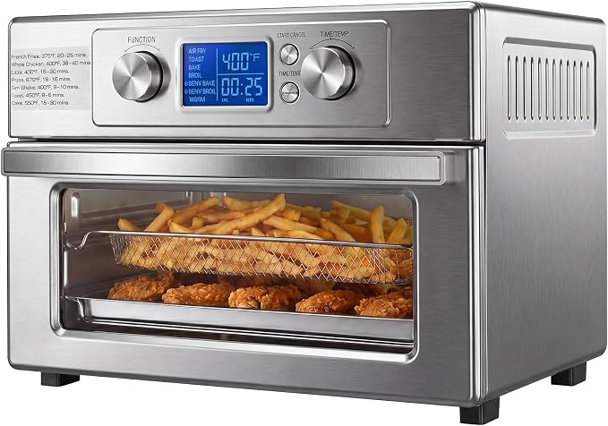 DUMOS Air Fryer Toaster Oven Combo, 23QT Toaster Ovens Countertop, 180–450°F Adjustable Temp, 60-Min Auto-Off Timer, 4-in-1 Air Fry, Toast, Broil & Bake, Stainless Steel, Accessories Included