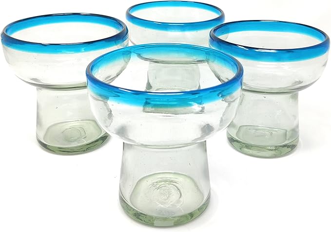 Dos Sueños Mexican Hand Blown Glass – Set of 4 Hand Blown Stemless Aqua Rim Margarita Glasses (14oz)