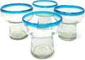 Dos Sueños Mexican Hand Blown Glass – Set of 4 Hand Blown Stemless Aqua Rim Margarita Glasses (14oz)