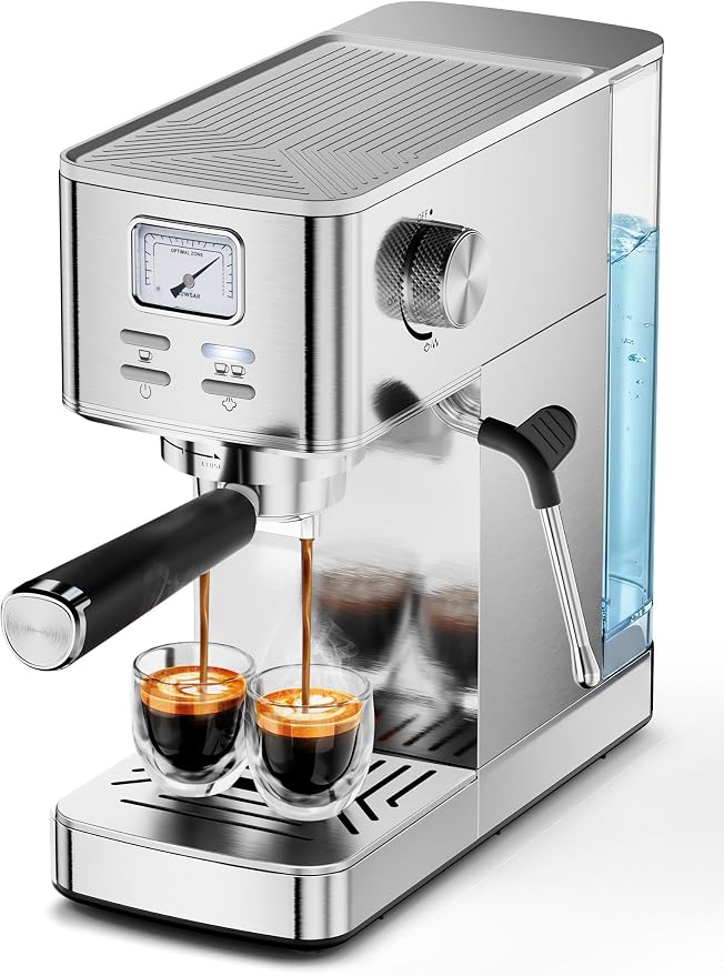 COWSAR Espresso Machine 20 Bar, Compact Espresso Maker with Milk Frother, Visual Pressure Gauge, Commercial Coffee Machine, 47oz Removable Tank/Capsule Funnel, for Cappuccino, Latte, Stainless Steel