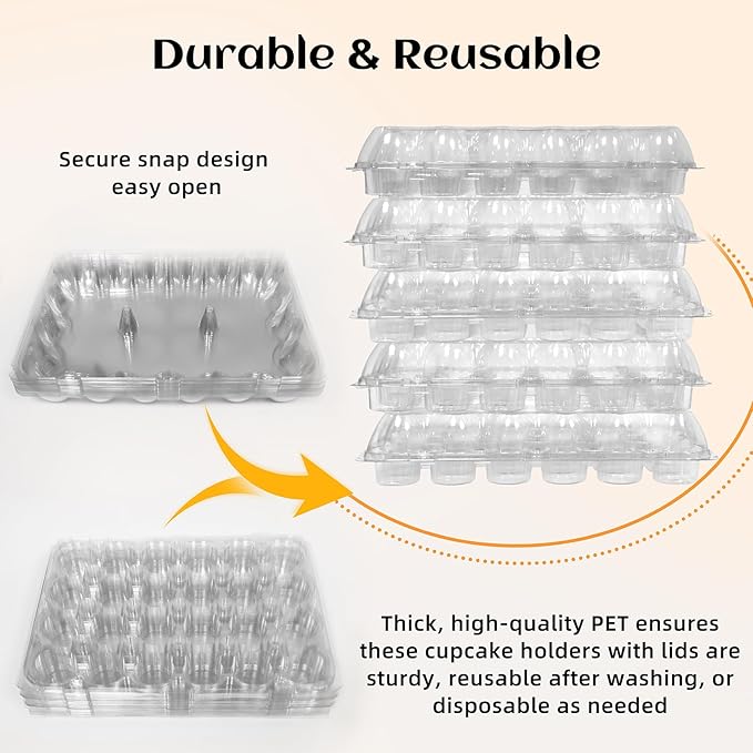 WIKDAY (24 Count x 5 Sets Plastic Cupcake Containers with Liners, Clear Cupcake Holder with Lids, Disposable Cupcake Carrier for Bakery, Cupcake Storage Box for Parties, Bake Sale Packaging